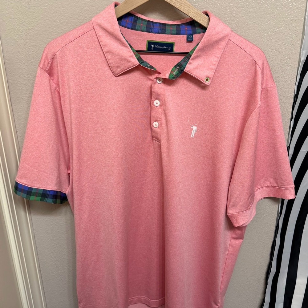 William Murray Golf Pink Polo with Plaid Trim